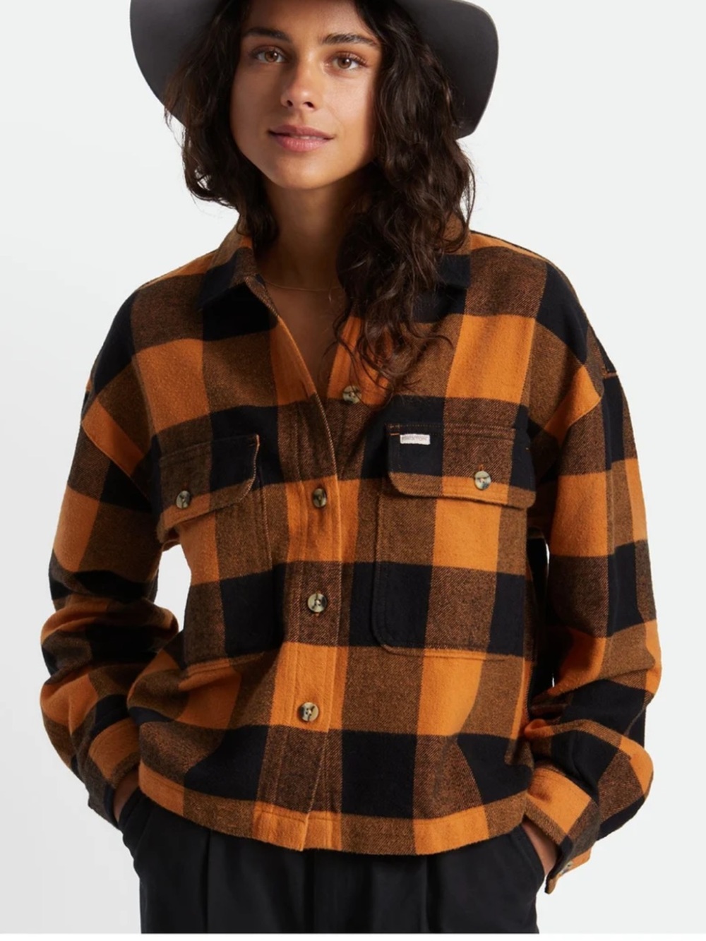 Brixton Flannel Shirt orange and black buffalo plaid size medium 100% cotton